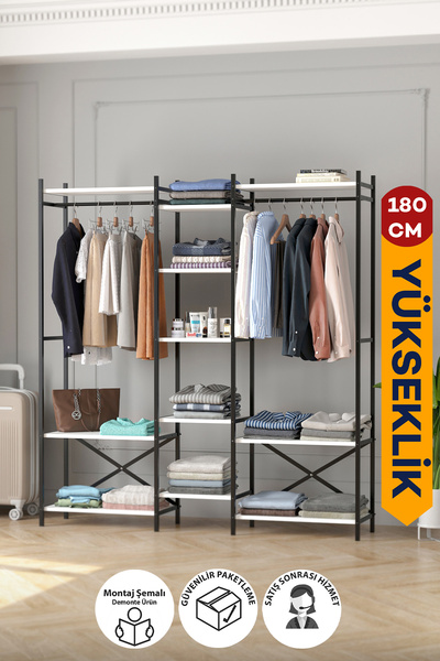 Bofigo 10 Raflı Metal Gardırop Metal Portmanto Açık Gardırop Elbise Dolabı Vestiyer Openix Beyaz