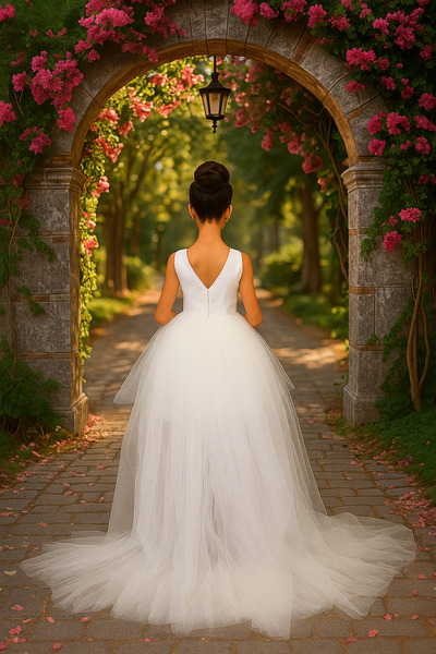 miço kids Kız Çocuk Ön kısa Arka Uzun Kuyruklu BEYAZ Saten Balo Parti Mezuniyet Elbise