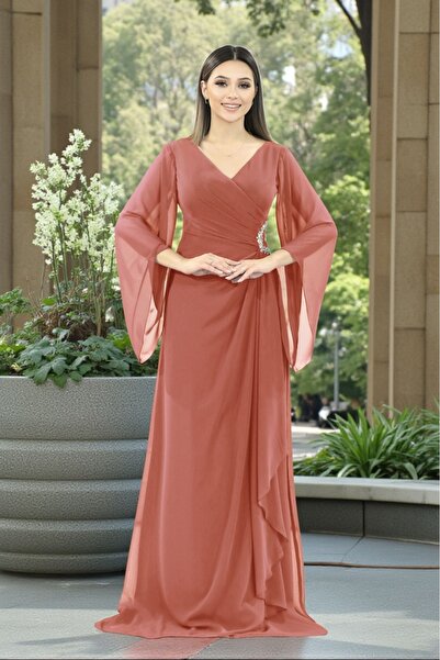 FaBe Fashion Uzun Şal Kollu V Yakalı Beli Taş Aksesuarlı Beyaz Şifon Nikah Nişan Söz ve Dış Çekim Elbisesi