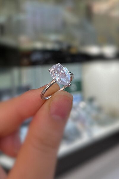 Erer Gümüş Gümüş Damla taşlı tek taş yüzük