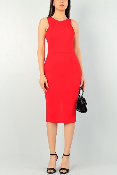 lovebox Back Slit Detail Sleeveless Midi Length Red Pencil Dress Emr-097