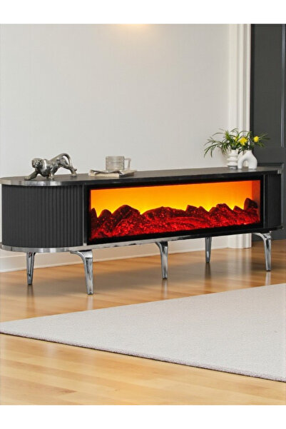 SEDAŞ LIVING UNITS Tv Ünitesi Şömineli Antrasit Gümüş Ayak Bluetooth Ve Hoparlörlü Kumandalı 160 Cm