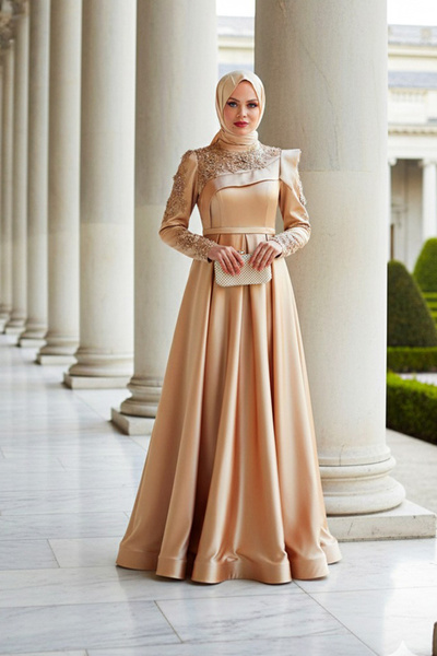Neva Style Boncuk Işlemeli Gold Tesettür Abiye Elbise 22351gold