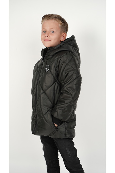 DUBLİNO KİDS SİYAH BAKLAVA DESENLİ Erkek Çocuk Su Ve Rüzgar Geçirmez Içi Wersoftlu Kapşonlu Mont
