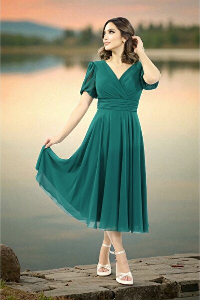 FaBe Fashion KISA KOLLU KOL UCU LASTİKLİ KRUVAZE YAKA MİDİ ŞİFON NİKAH NİŞAN SÖZ ELBİSESİ