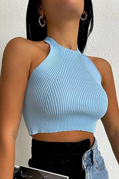 lovebox Bluză de damă, albastră, cu cravată cu gât, tricotaj, 7012