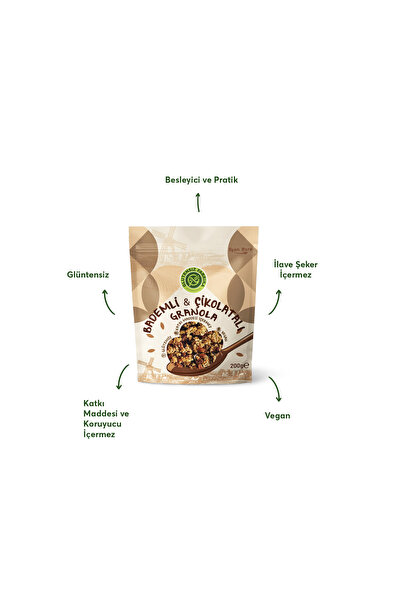 GLUTENSİZ FABRİKA Badem ve Çikolatalı Yulaf & Karabuğday Granola 200 g (Glütensiz & Vegan)