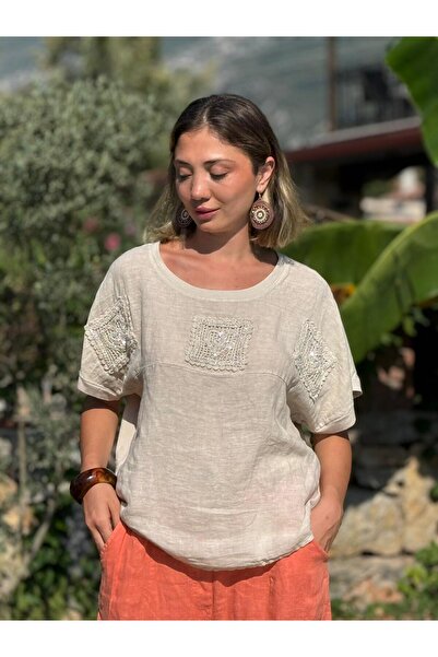 Punta Otantik Nc61130 Italian Back Mesh Laced Linen Blouse Cream