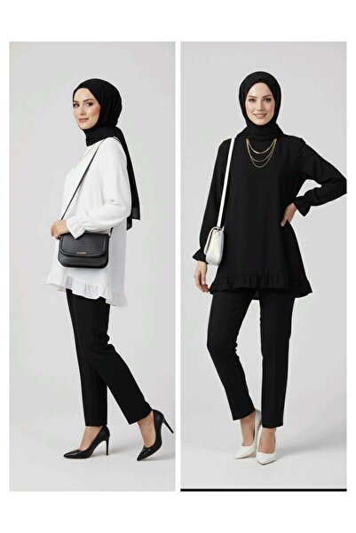 Modabenna Γυναικείο Μαύρο-Εκρού 2 Πακέτο Πλισέ Μουσουλμανικό Πουκάμισο Μπλούζα με τάση