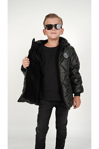DUBLİNO KİDS SİYAH BAKLAVA DESENLİ Erkek Çocuk Su Ve Rüzgar Geçirmez Içi Wersoftlu Kapşonlu Mont