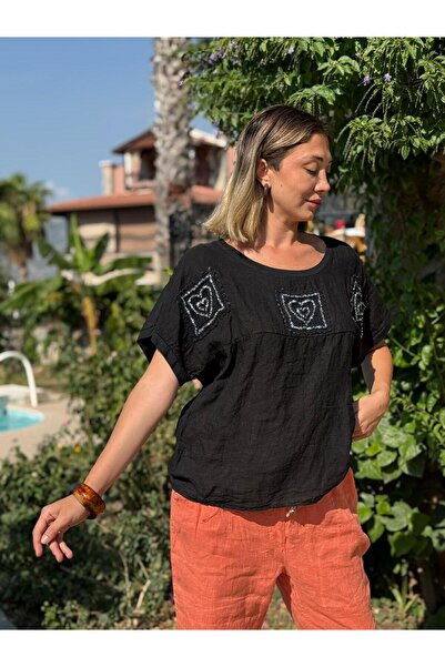 Punta Otantik Nc61130 Italian Back Mesh Laced Linen Blouse Black