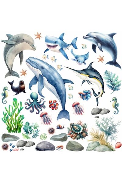 OEM Sea animal wall stickers, 44 pieces, approx. 1 m², premium repositionable...