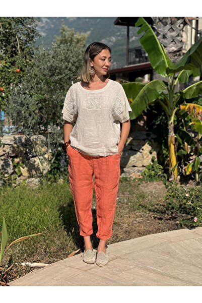 Punta Otantik Nc61130 Italian Back Mesh Laced Linen Blouse Cream