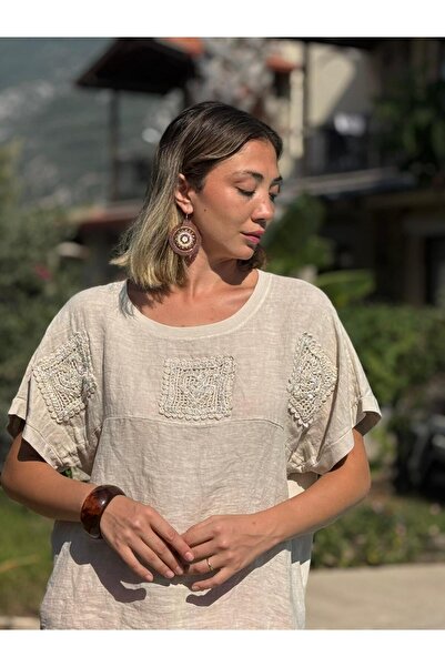 Punta Otantik Nc61130 Italian Back Mesh Laced Linen Blouse Cream