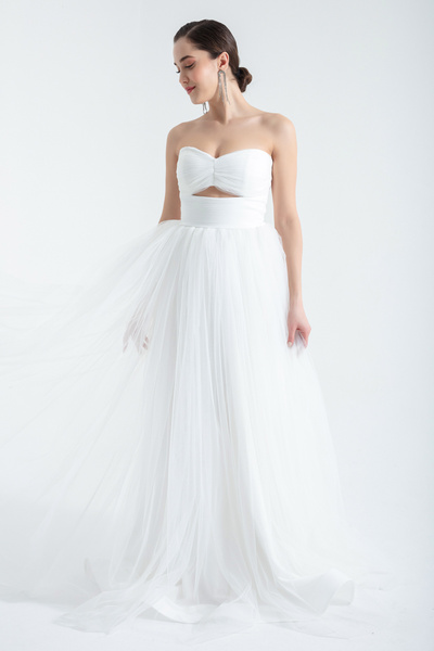 Lafaba Dámské bílé tylové večerní šaty bez ramínek