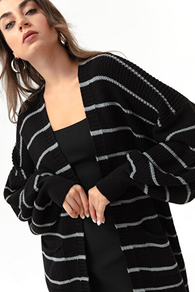Lafaba Dámský černo-šedý kardigan s dlouhým úpletem s balonovým rukávem