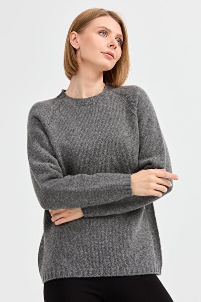 Desen Triko Women's Crew Neck Shoulder Braided Wool Sweater Smoked