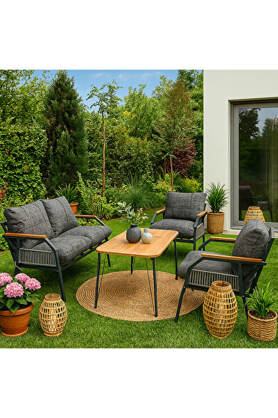 UFUK HOME Linda 211 Masalı Örgülü Gri Fermuarlı Bahçe Balkon Takımı, Cafe, Sa...