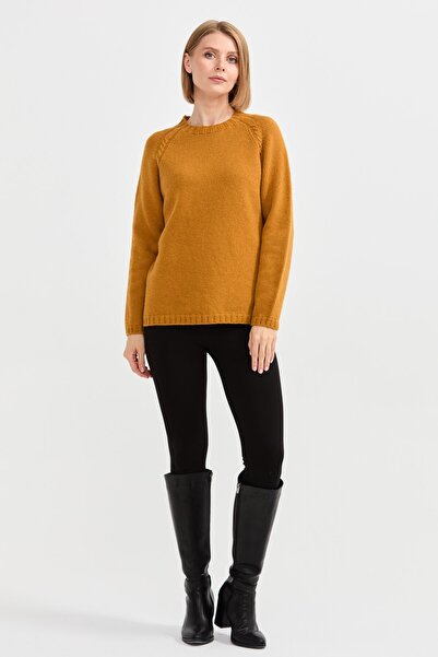 Desen Triko Women's Crew Neck Shoulder Braided Wool Sweater Mustard