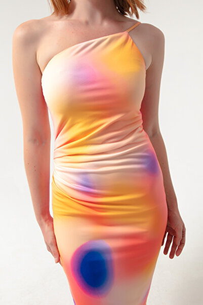 Lafaba Women's Orange Batik Pattern One Sleeve Dress