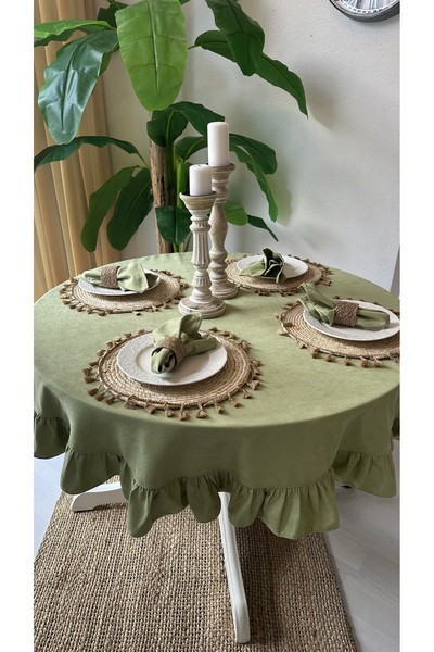Decamor home Kadife Dokulu Vintage Fıstık Yeşili Fırfırlı Yuvarlak Masa Örtüsü Dertsiz (PEÇETE DAHİL DEĞİL )