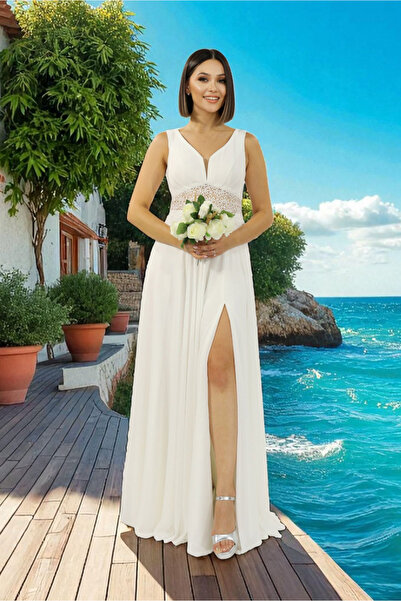 FaBe Fashion KALIN ASKILI DANTEL KOMBİNLİ YIRTMAÇLI BEYAZ ŞİFON NİKAH ,NİŞAN ve Dış Çekim Elbisesi