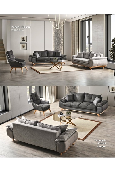 Velura Home & Living Azir Koltuk Takımı & Bazalı Yataklı Koltuk Takımı 3 3 1 - Nubuk Bukle Kumaş