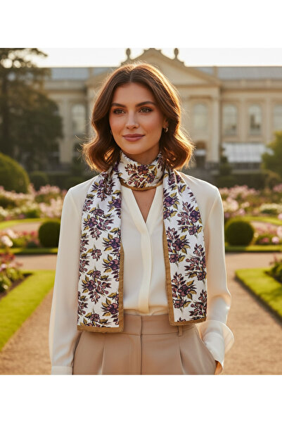 tuaipek VİOLET GARDEN Desen Şık & Zarif Kadın Aksesuarı Saten Fular 30x165cm