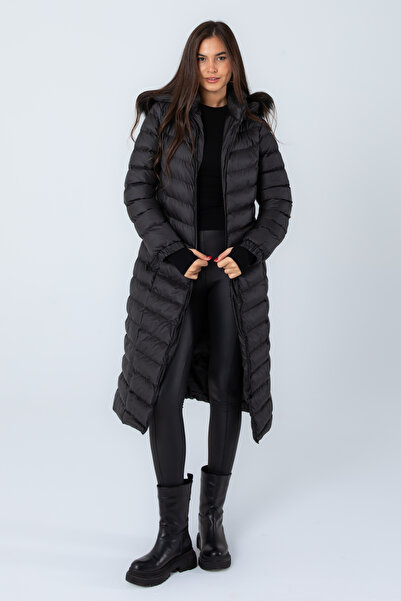 Space Fashion Palton lung negru puf pentru damă, cu glugă