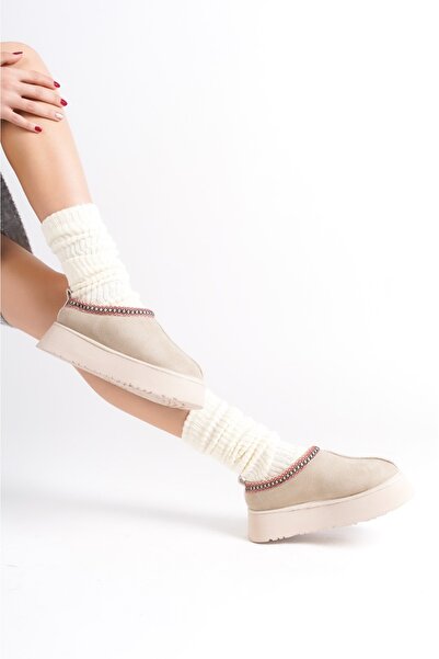 asmi shoes Kadın Rose Krem İçi Tüylü Düz Taban Ayakkabı - Yarım Bot