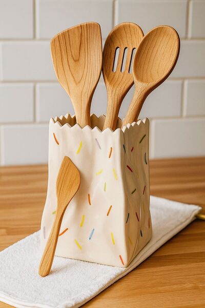 ÖZLEMKAYMAZ SERAMİK ÇİZGİLİ CONFETTİ KESE KAĞIDI İKİLİ KAŞIKLIK SETİ 15X8.5 CM