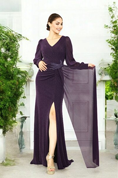 FaBe Fashion Uzun  Kollu V Yakalı Beli Aplikli Yırtmaçlı Aplikten Sarkaçlı Si...