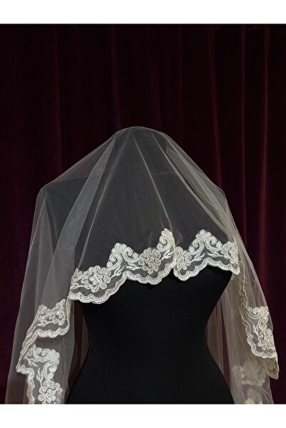 Tasarım Dantel Kenarlı Kırık Beyaz Nikah Düğün Gelin İçin Duvak (150cm)