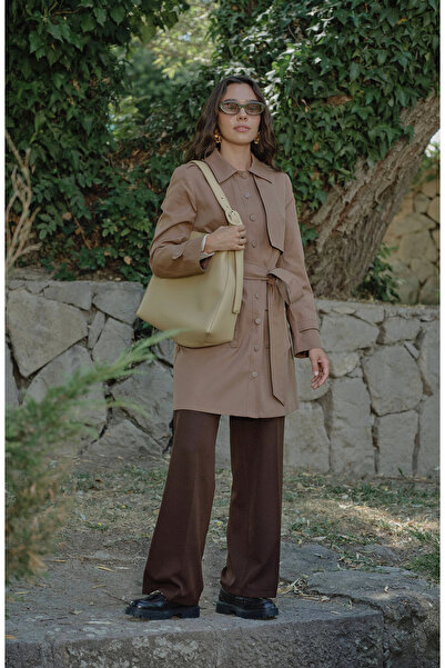 Fatma Atasoy Premium Rüzgarlıklı Mocha Midi Trenç Ceket