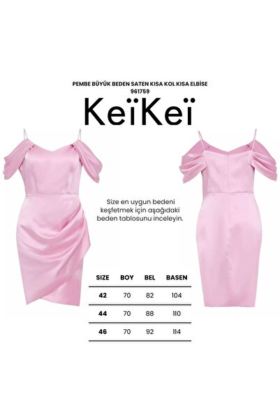 Keikei Pembe büyük beden saten kısa kol kısa elbise