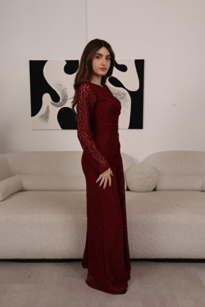 Generic Long red lace evening dress with long sleeves and luxurious design