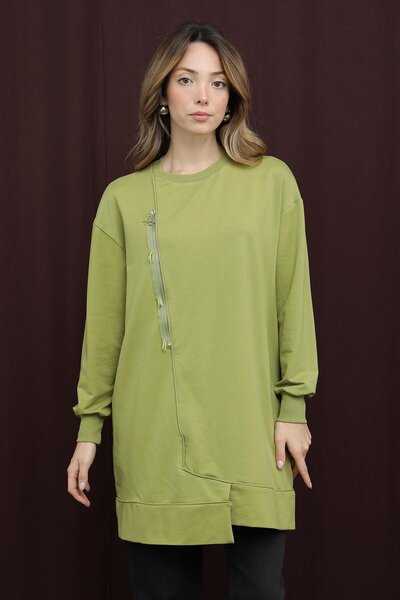 Puane Women's Embroidered and Zippered Tunic - 10735Tun - Olive Green