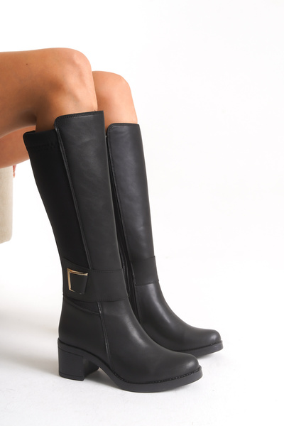 Limeo Deri Görünümlü Arkası Streç Esnek Kalın Orta Yüksek Topuklu Toka Detaylı Fermuarlı Siyah Uzun Çizme