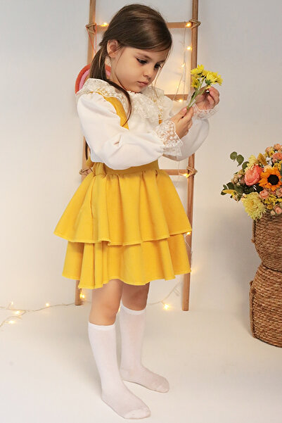 Parla Kids Kız Çocuk Sarı Helen Elbise Jile Dantel Bluz 23 Nisan 29 Ekim Gösteri Kıyafeti Uzun Kollu