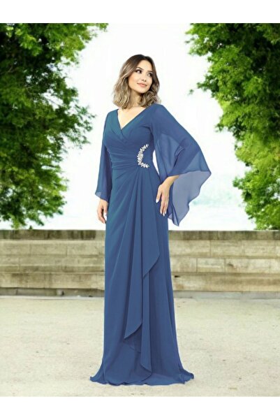 FaBe Fashion Uzun Şal Kollu V Yakalı Beli Taş Aksesuarlı Beyaz Şifon Nikah Nişan Söz ve Dış Çekim Elbisesi