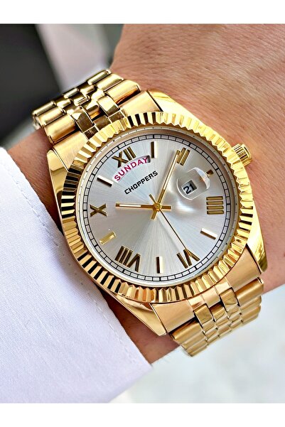 Weluxa Gold Color Silver Dial Calendar Steel Band Men's Wrist Watch