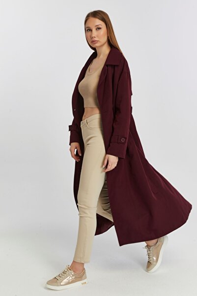 Bolivente Burgundy Oversize Windbreaker Detailed Trench Coat