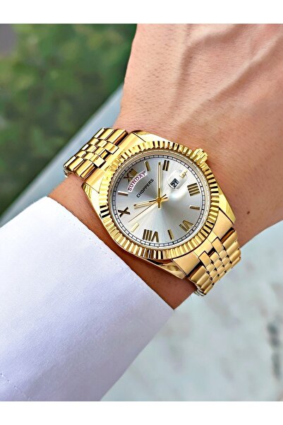 Weluxa Gold Color Silver Dial Calendar Steel Band Men's Wrist Watch