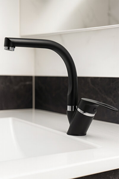 KUSTAR Tyal Siyah Kısa Mix Aç Kapa Banyo Lavabo Bataryası