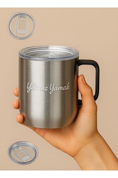 Halk Kitabevi Kişiye Özel 350 ML Şeffaf Kapak Kulplu Termos - GRİ Y35