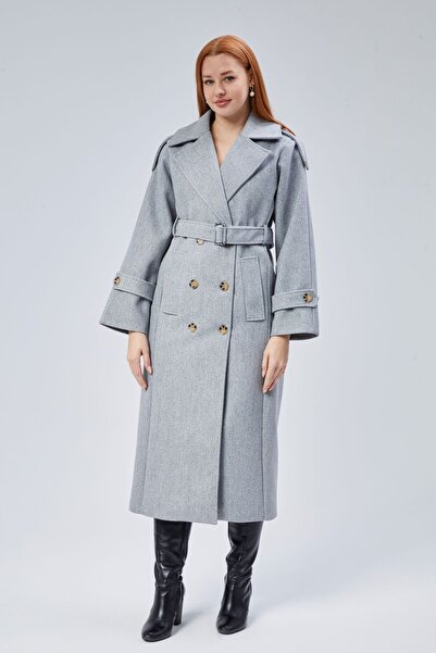 Bolivente Palton gri Regular cu două rânduri de nasturi cu detaliu epoleți