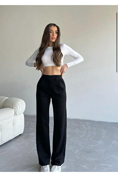 glanour بنطلون بالازو أسود للنساء من الليكرا وحزام كريب مطاطي