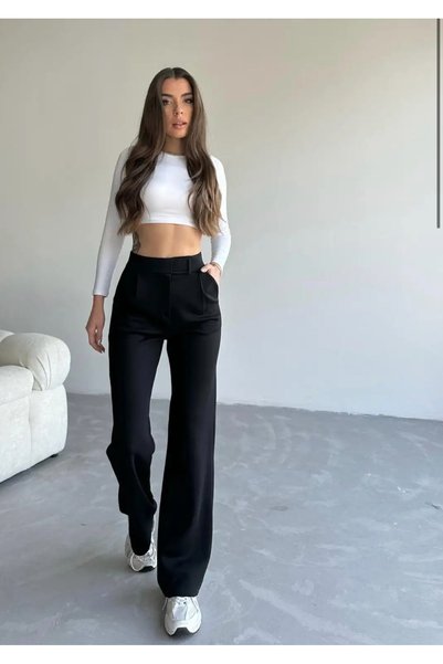 glanour Black Palazzo Trousers Women's Lycra Velcro Closure Crepe Belt Elastic