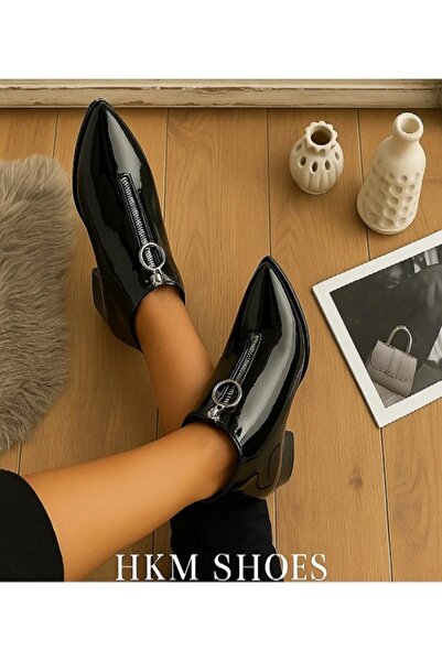 HKM shoes Önden Fermuarlı Siyah Sivri Burunlu Parlak Rugan Kısa Deri Kadın Günlük Bot Qadın Qara Boots