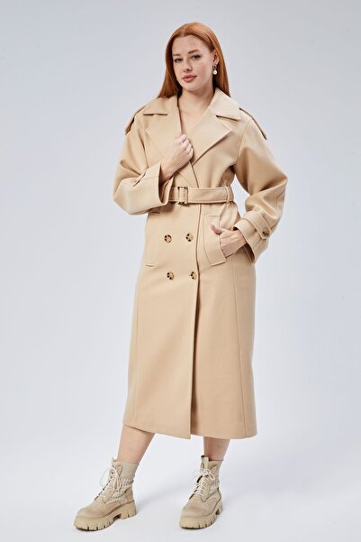 Bolivente Camel Regular Apolet Detaylı Kruvaze Kaşe Kaban